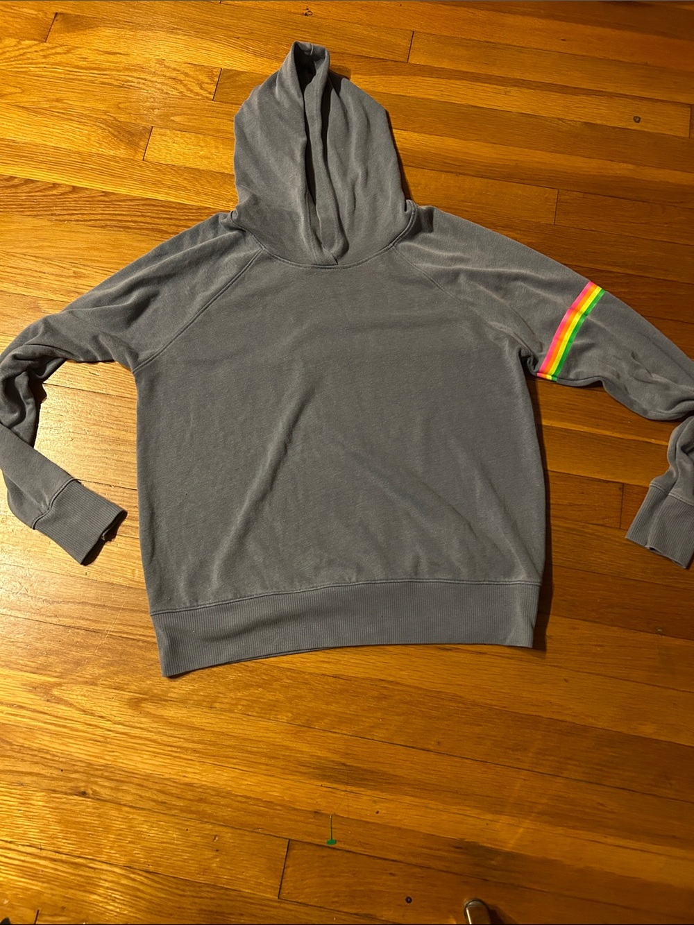 Sundry size 0/XS Gray hooded shirt with Rainbow Side Stripe on sleeve runs large